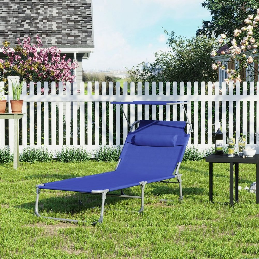 Tumbona plegable con almohada y sombrilla 250 kg, azul oscuro - Imagen 3