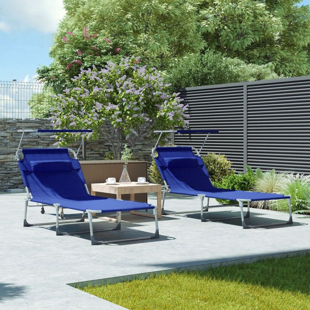 Tumbona plegable con almohada y sombrilla 250 kg, azul oscuro - Imagen 4